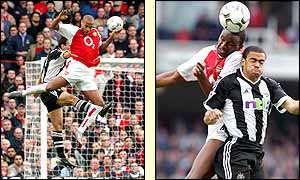 There are aerial challenges galore as Thierry Henry tackles Nicos Dabizas and Patrick Vieria and Kieron Dyer battle against one another