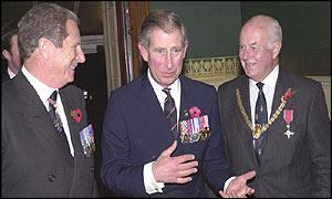 General Sir Roderick Cordy-Simpson, National President of the Royal British Legion (left), Prince Charles and National Chairman, Ian Cammell