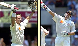 Matthew Hayden celebrates his second-innnings century