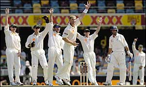 Shane Warne makes a confident lbw appeal