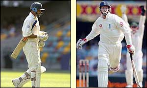Nasser Hussain leaves the field after being caught and soon after John Crawley is run out