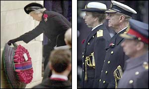 The Queen places a wreath as her husband and daughter look on