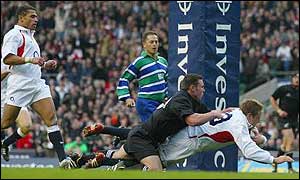 Jonny Wilkinson goes over to score against New Zealand