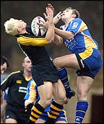 London Wasps Josh Lewsey and Diego Albanese of Leeds challenge