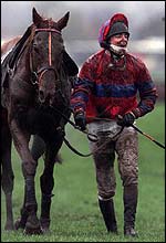 Red Marauder and Richard Guest recover after winning the 2001 Grand National in very heavy conditions