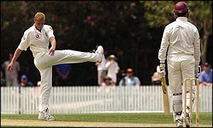 Andrew Flintoff in action in England's final Ashes warm-up against Queensland