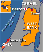 Map of Israel, Gaza and the West Bank showing Gaza City, Metzer and Jenin
