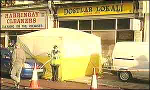 The scene outside the Dosthar Lokali in Harringay