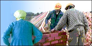 An old woman looking at some builders