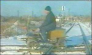 Makeshift trolley that runs on rails