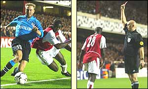 Dennis Rommedahl gets the better of Arsenal's Kolo Toure who is sent off in the 35th minute
