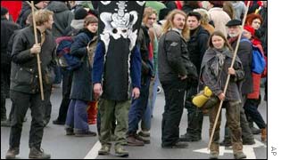 Protestors in road at Hitzacker near Dannenberg, northern Germany