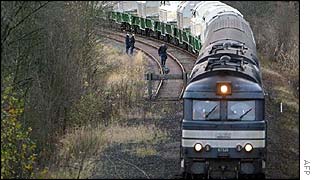 Train carrying nuclear cargo with police patrolling alongside