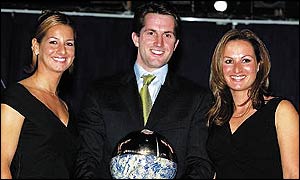 Sofia Bekatorou (left), Ben Ainslie and Emilia Tsoulfa receive their awards