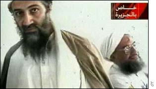 Bin Laden with Ayman al-Zawahri in a freeze frame from Al-Jazeera