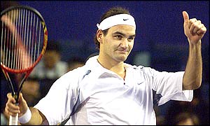 Swiss star Roger Federer celebrates his win over Jiri Novak in the Masters Cup