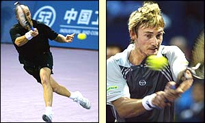 Andre Agassi in action against Juan Carlos Ferrero at the Masters Cup