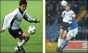 Fulham midfielders Junichi Inamato and Sylvain Legwinski try to drive their side forward