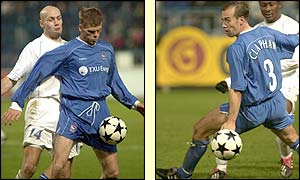 Ipswich's Icelandic colossus Herman Hreidarsson holds up the ball while midfielder Jamie Clapham tracks back