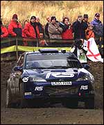 Estonian Markko Martin tackles the Crychan stage in his Ford on Saturday