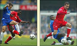 Chelsea's Gianfranco Zola and Slizard Nemeth of Middlesbrough find the going tough in the first half