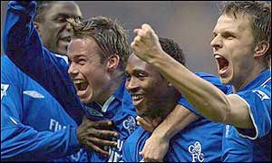 Latching onto a Zola through ball Celestine Babayaro scores his first goal since the 1998/1999 season to put Chelsea ahead