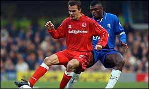 Szilard Nemeth comes under pressure from Chelsea's Marcel Desailly