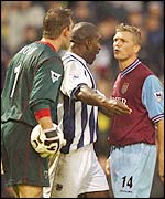 West Brom keeper Russell Hoult (left), defender Darren Moore (middle) and Villa's Marcus Allback 