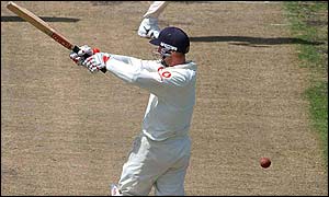 England batsman John Crawley miscues a pull shot