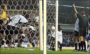 Fulham's Rufus Brevett handles on the line and is sent off 