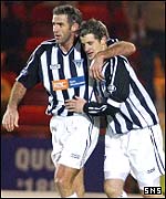 Craig Brewster congratulates scorer of the third Pars goal Stevie Crawford