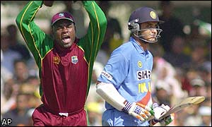 Ridley Jacobs celebrates the dismissal of Sourav Ganguly by Carl Hooper