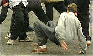 Bullies kicking schoolboy