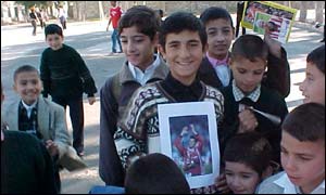 Azeri children with Welsh football souvenirs