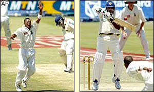 South Africa bowler Makhaya Ntini takes the wicket of Mahela Jayawardene then bowls to Hashan Tillakaratne, who goes on to makes 104 not out