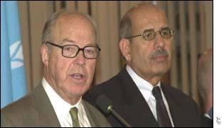 United Nations Chief Weapons Inspector Hans Blix, flanked by International Atomic Energy Agency head Mohamed El Baradei