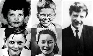 Hindley and Brady's victims, clockwise from top left: Lesley-Ann Downey, Keith Bennett, Edward Evans, Pauline Reade, John Kilbride, who was killed by Brady alone. 
