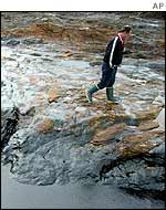 An oil slick after it reached the coast