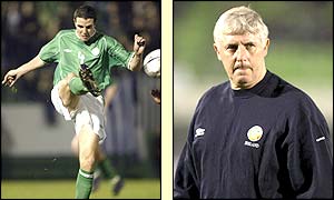 Ireland's John O'Shea is watched by caretaker manager Don Givens