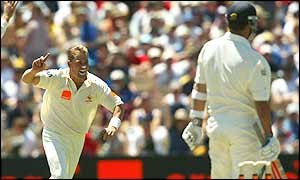 Shane Warne celebrates dismissing England's Robert Key