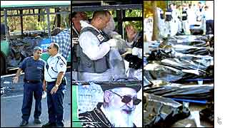 Police at the scene (L), while forensic experts get samples (C) and bodies in bags