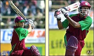 Shivnarine Chanderpaul and Ricardo Powell in action for the West Indies