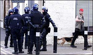 Riot police on patrol in Burnley