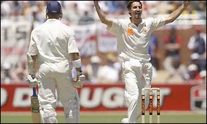 Alec Stewart is trapped lbw by Gillespie for 29