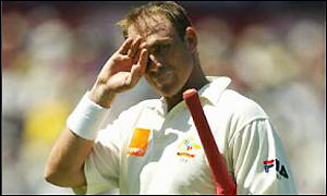 Matthew Hayden just misses out on a half century as he finishes on 46 off the bowling of Craig White