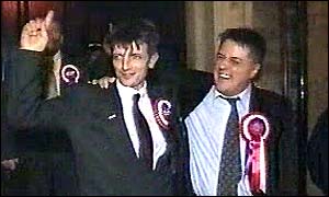 Robin Evans (left) celebrates his victory with BNP leader Nick Griffin