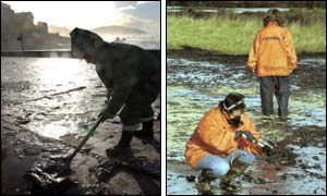 Volunteer on a beach (l) and members of Greenpeace take samples (r) (pictures courtesy of AP and AFP)