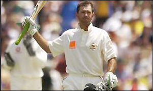 Ricky Ponting pushes a shot down the leg side to bring up his century