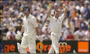 Craig White accounts for the wicket of Steve Waugh during the second session