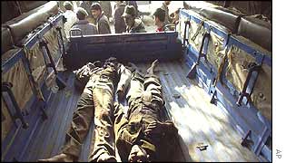 Bodies of the two suicide fighters responsible for the six deaths in a police van, Srinagar